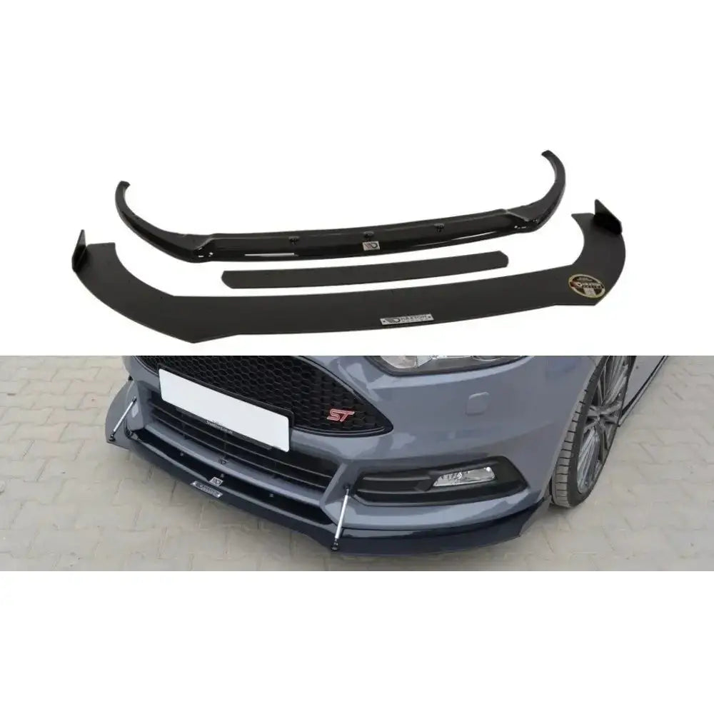 Frontspoiler til Ford Focus ST Mk3 Facelift Hybrid V.2, sort plast med støttestag, montert og separat.
