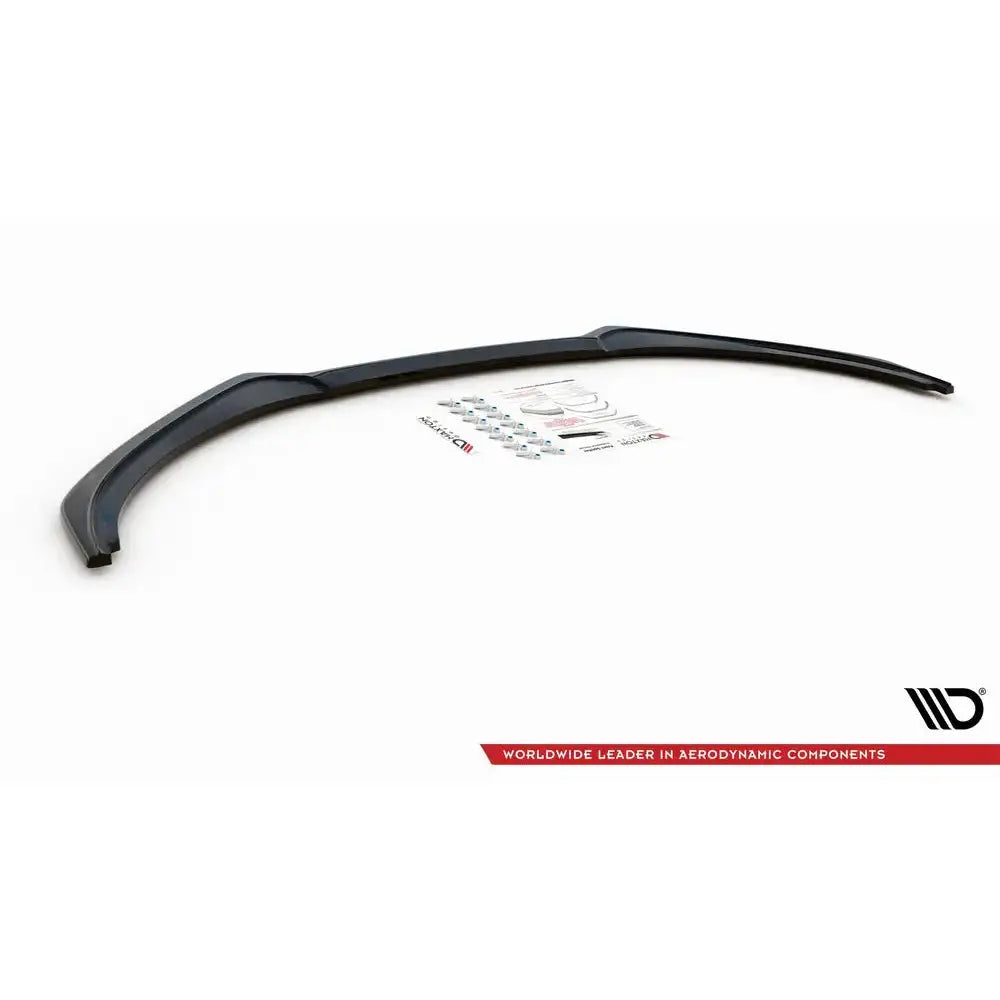 Spoiler til Jaguar XJ X351 Facelift i sort plast med tilbehør og monteringsdeler på hvit bakgrunn.