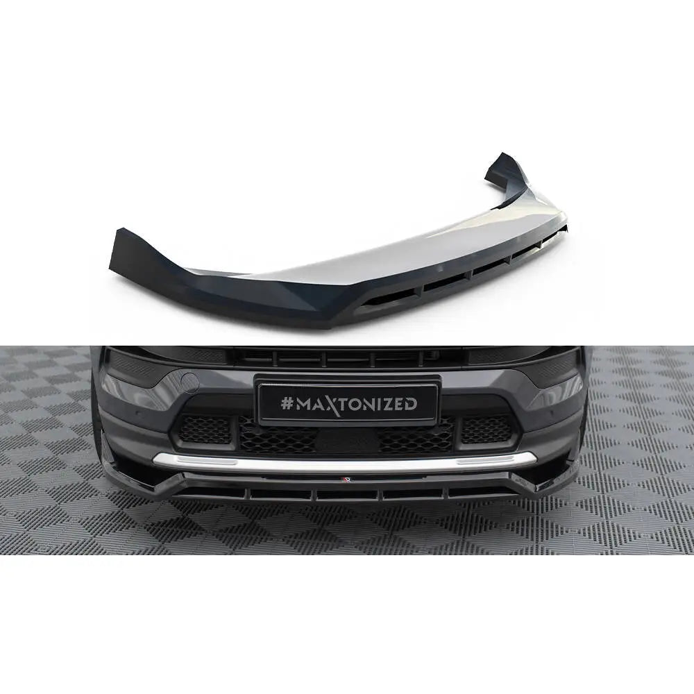 Frontspoiler til Jeep Compass Limited Mk2 Facelift i sort, glanset plast, vist fra lav vinkel mot hvit bakgrunn.