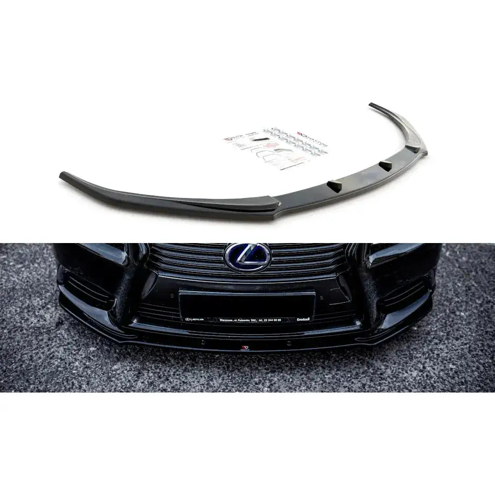 Frontspoiler Lexus LS MK4 Facelift i sort plast, vist separat og montert på bilfront med synlig festesett.