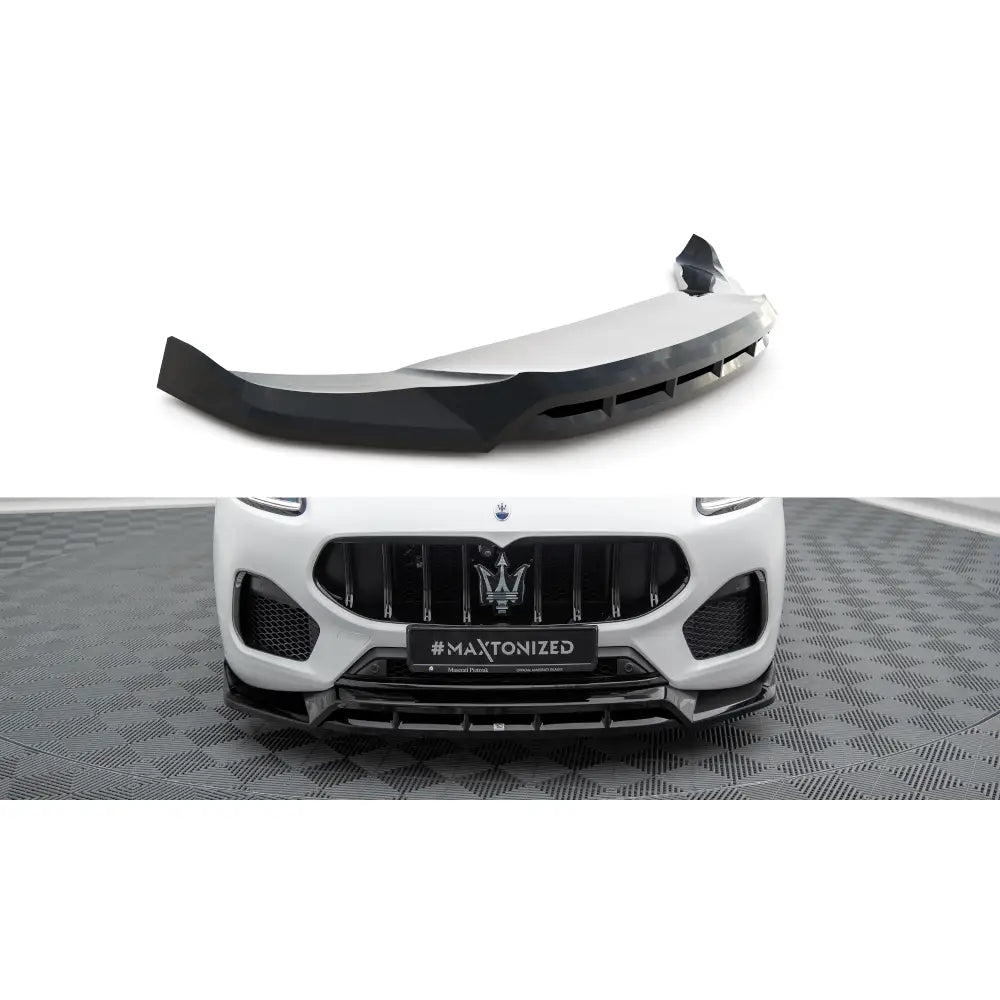 Frontspoiler til Maserati Grecale GT Modena Mk1, sort plast, montert på hvit bil med sportslig design.