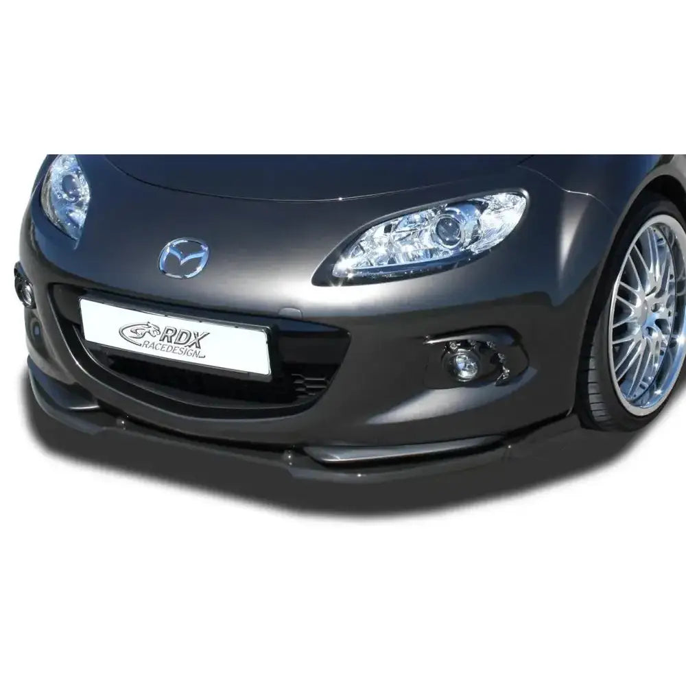 Frontspoiler på mørk grå Mazda MX5 NC 12-15 med sportsfelger og tydelige lykter.