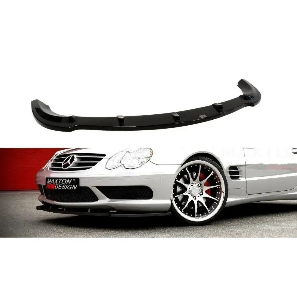Frontspoiler Mercedes SL R230 AMG i sort plast, vist separat og montert på hvit bil med sportsfelger.