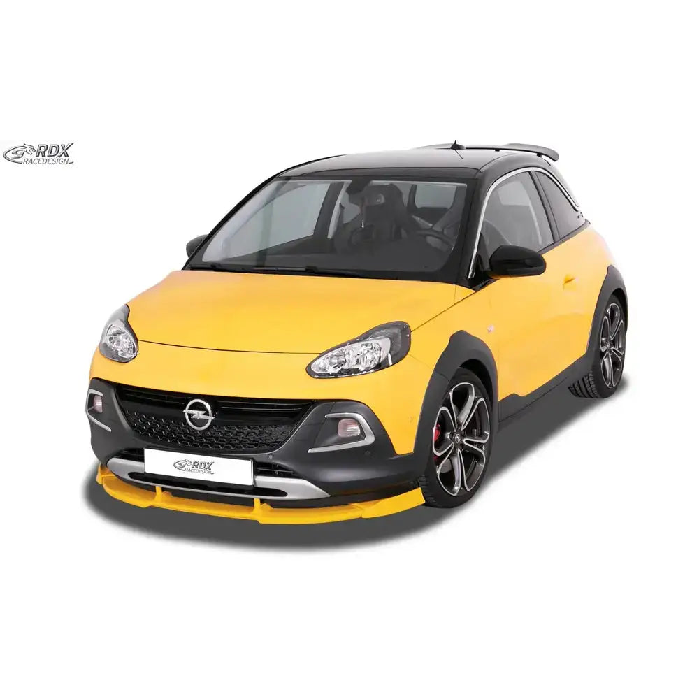 Frontleppe på Opel Adam S 15-19 i gul og svart med sportslige felger og sorte detaljer fra skrå front.