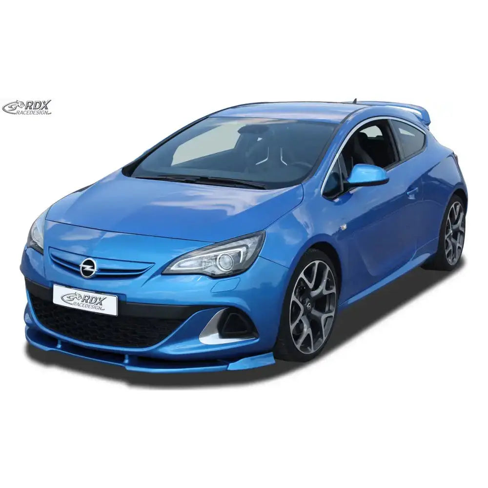 Spoiler på Opel Astra J OPC 09-19 i metallic blå, sett skrått forfra med markerte felger og store frontlykter.