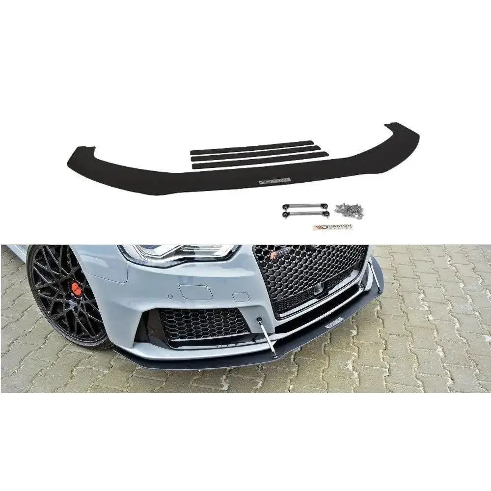 Frontleppe Racing Audi Rs3 8V Sportback i sort plast med monteringsdeler sett ovenfra og påmontert bil.
