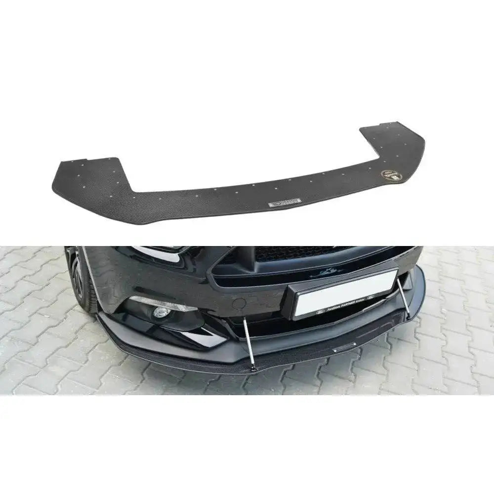 Frontspoiler Racing Carbon for Ford Mustang Mk6 GT, svart splitter med karbon-look og synlige festepunkter.
