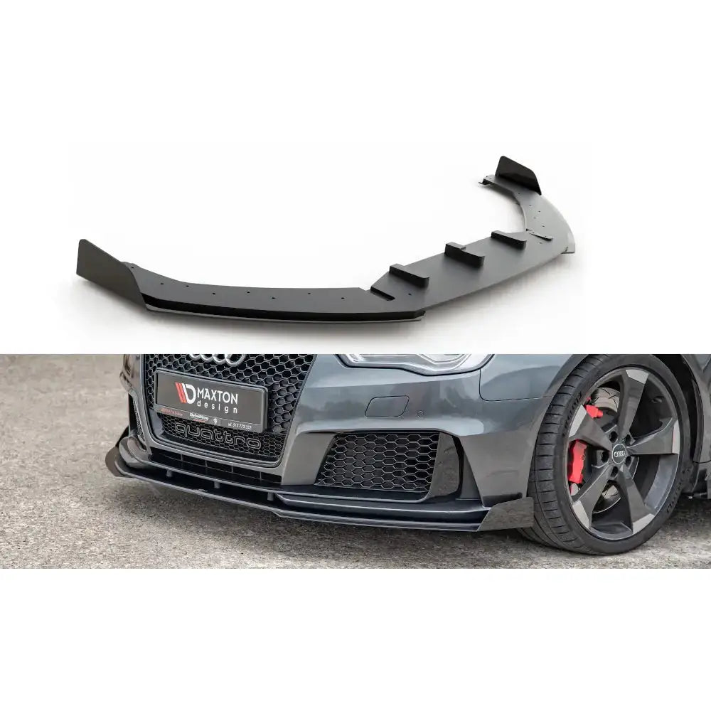 Frontspoiler Audi RS3 8V Sportback Racing med flaps, sort plast, montert på grå sportsbil foran.