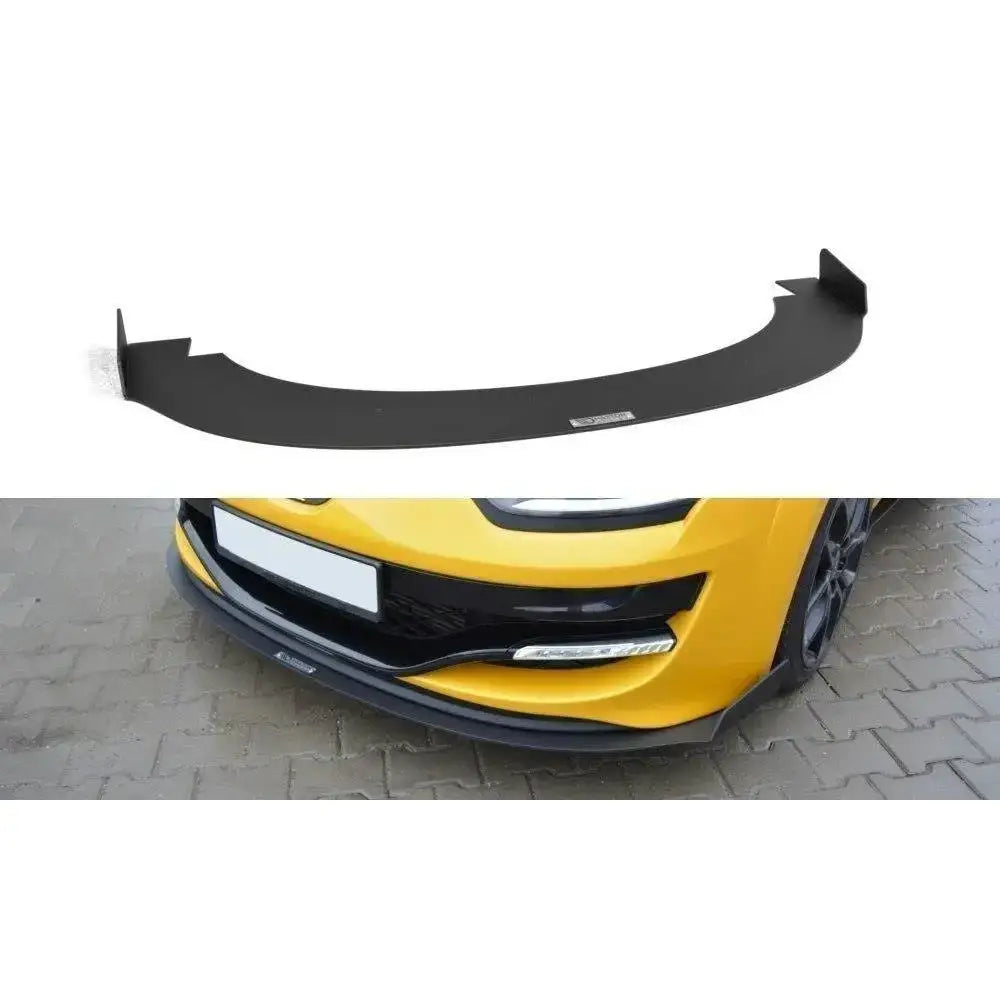 Frontspoiler Renault Megane Mk3 Rs Racing i matt sort plast, vist montert på gul bil fra skrå vinkel.