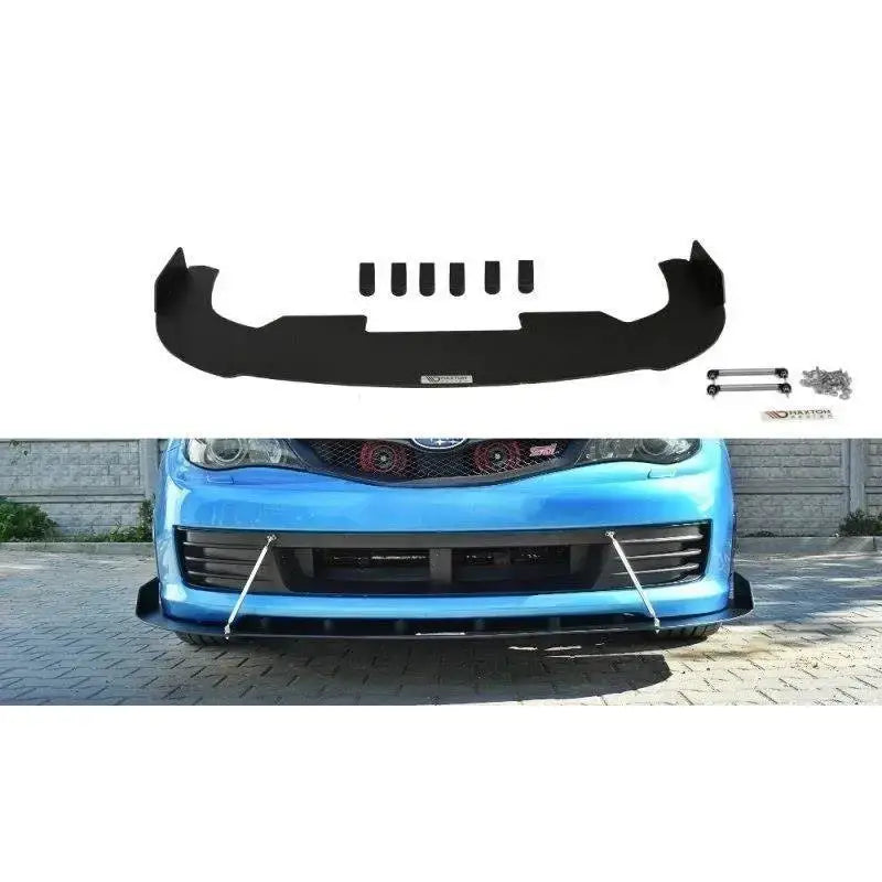 Frontspoiler til Subaru Impreza Wrx Sti 2009-2011, sett forfra på blå bil med monteringsdeler.