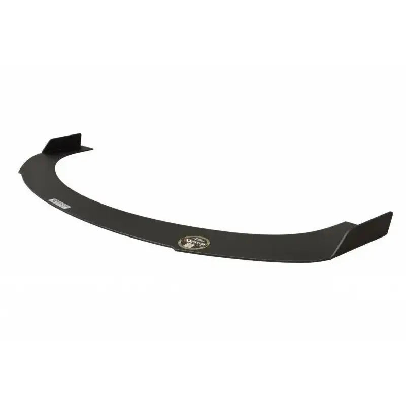 Frontspoiler Racing V.1 Mazda 6 Mk1 Mps med svarte buede ender og synlige klistremerker, sett forfra.