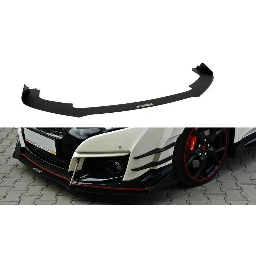 Frontspoiler Honda Civic IX Type R Racing V.2 i svart plast med rød kantstripe, montert på hvit bil.