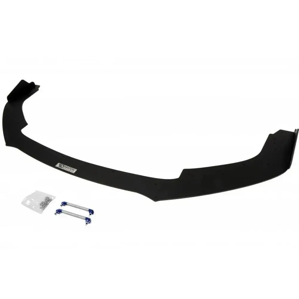 Frontspoiler Honda Civic IX Type R Racing V.2 sett ovenfra med monteringsutstyr og støttestag på hvit bakgrunn.