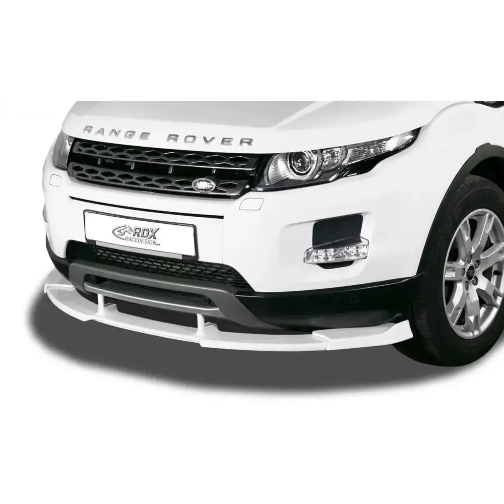 Frontspoiler til RANGE ROVER Evoque 11-16, hvit splitter under svart grill og emblem, sett forfra.