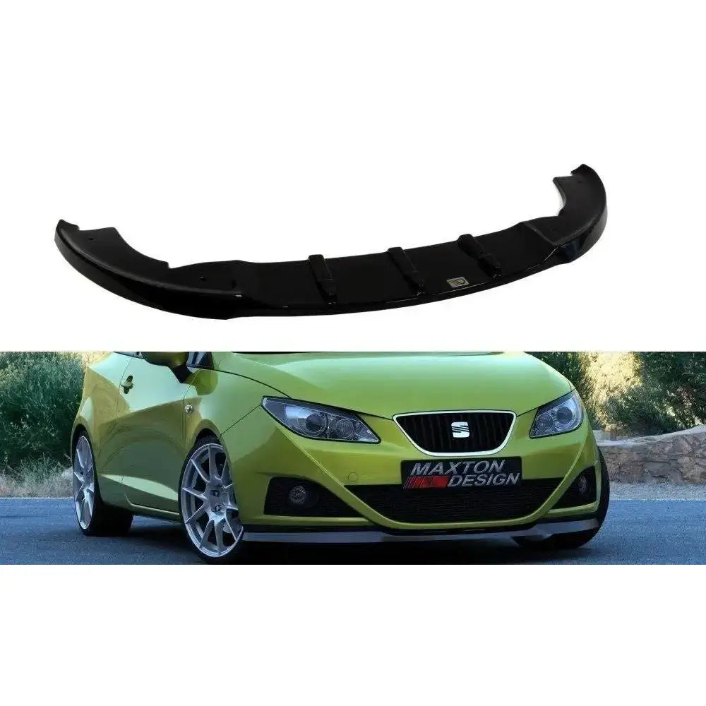Frontspoiler til Seat Ibiza IV 6J, sort splitter montert på gul bil, gir bilen et sporty utseende.