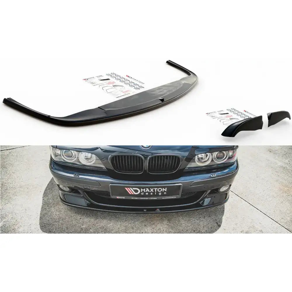 Frontspoiler BMW E39 5-Serie M5 sett vist separat og montert, med monteringsanvisning ved siden av.