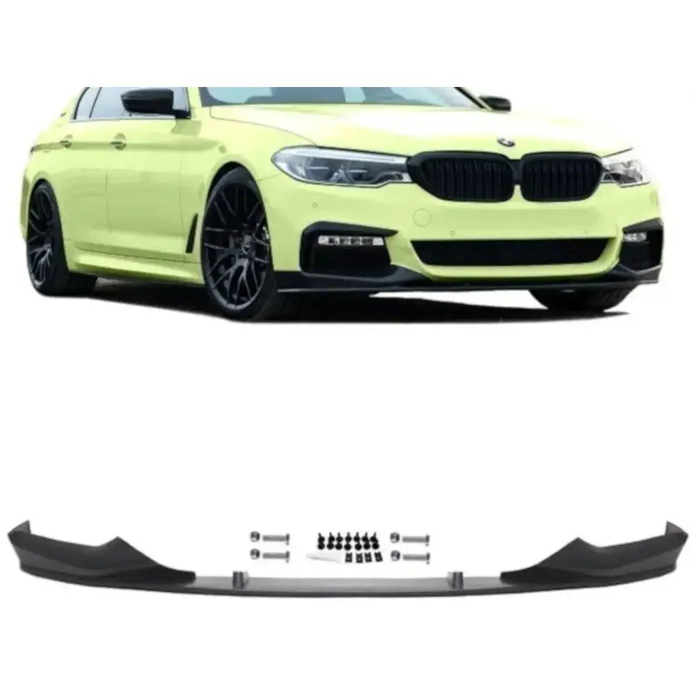 Frontleppe Sport-Performance BMW 5Er G30 M-Package vist i svart plast med monteringsskruer under lysegul bil.
