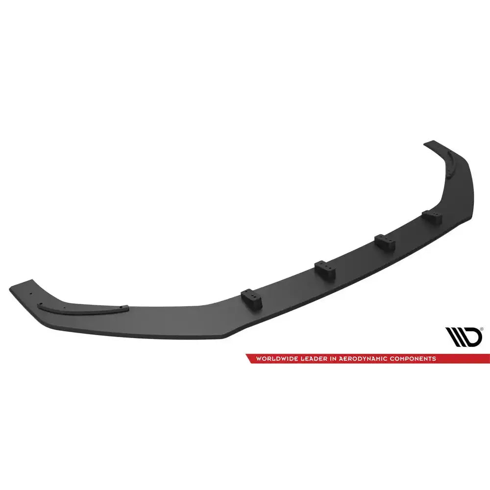 Front splitter til Audi A5 S-Line F5, svart plast med fem fester og vinger, sett skrått ovenfra.