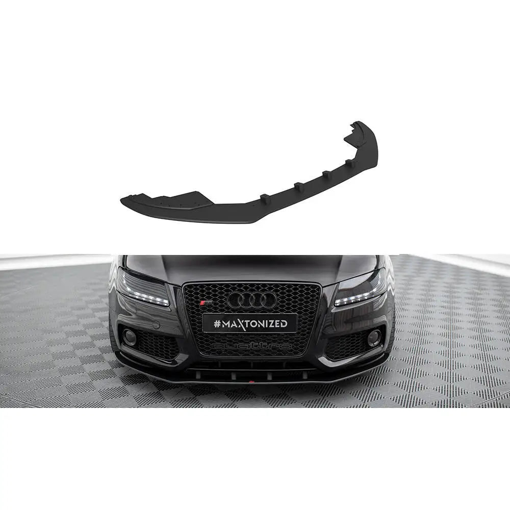 Frontspoiler Audi S5 / A5 S-Line 8T Street Pro sett ovenfra, samt montert på svart bil i showroom.