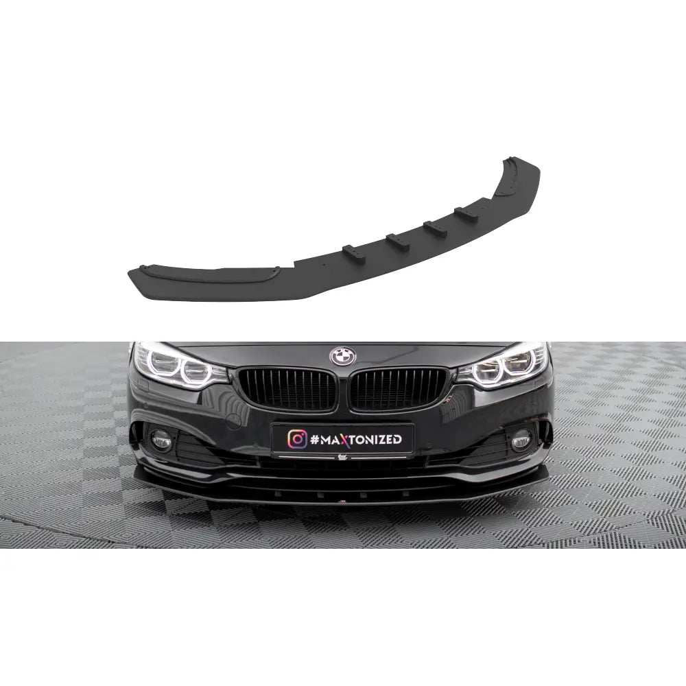 Frontspoiler BMW 4 Gran Coupe F36 Street Pro i matt svart plast med markerte luftkanaler, sett ovenfra.