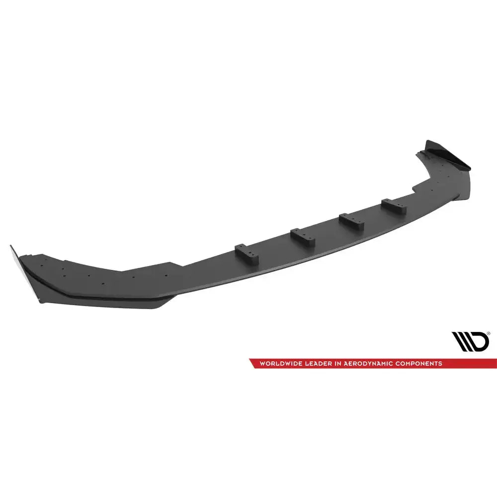 Front lip for BMW 2 Serie Coupe M-Pack, svart spoiler med flaps og flere festeanordninger.