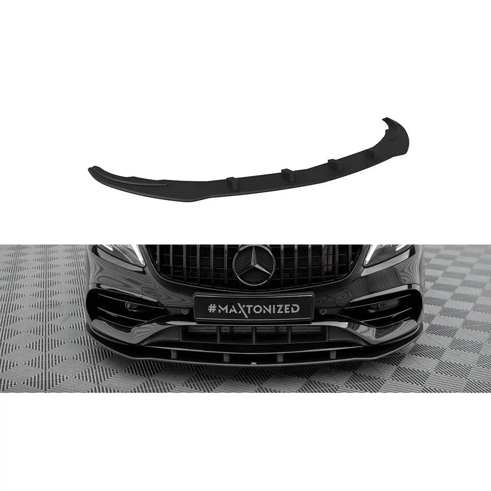 Frontspoiler Mercedes AMG-Line W176 Facelift Street Pro, svart plast, avbildet løst og montert på sort bil.