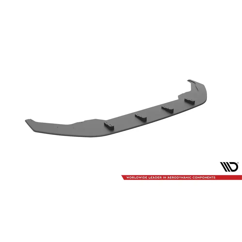 Front lip til Volkswagen Arteon R matt svart frontspoiler med tre fester, sett skrått forfra.