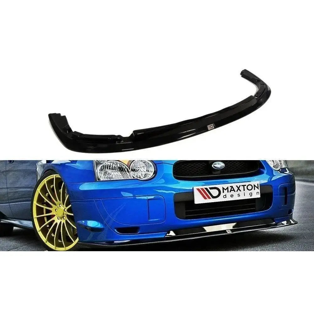 Frontspoiler til Subaru Impreza WRX STI Blobeye, sort plast, montert på blå bil med gullfelger.