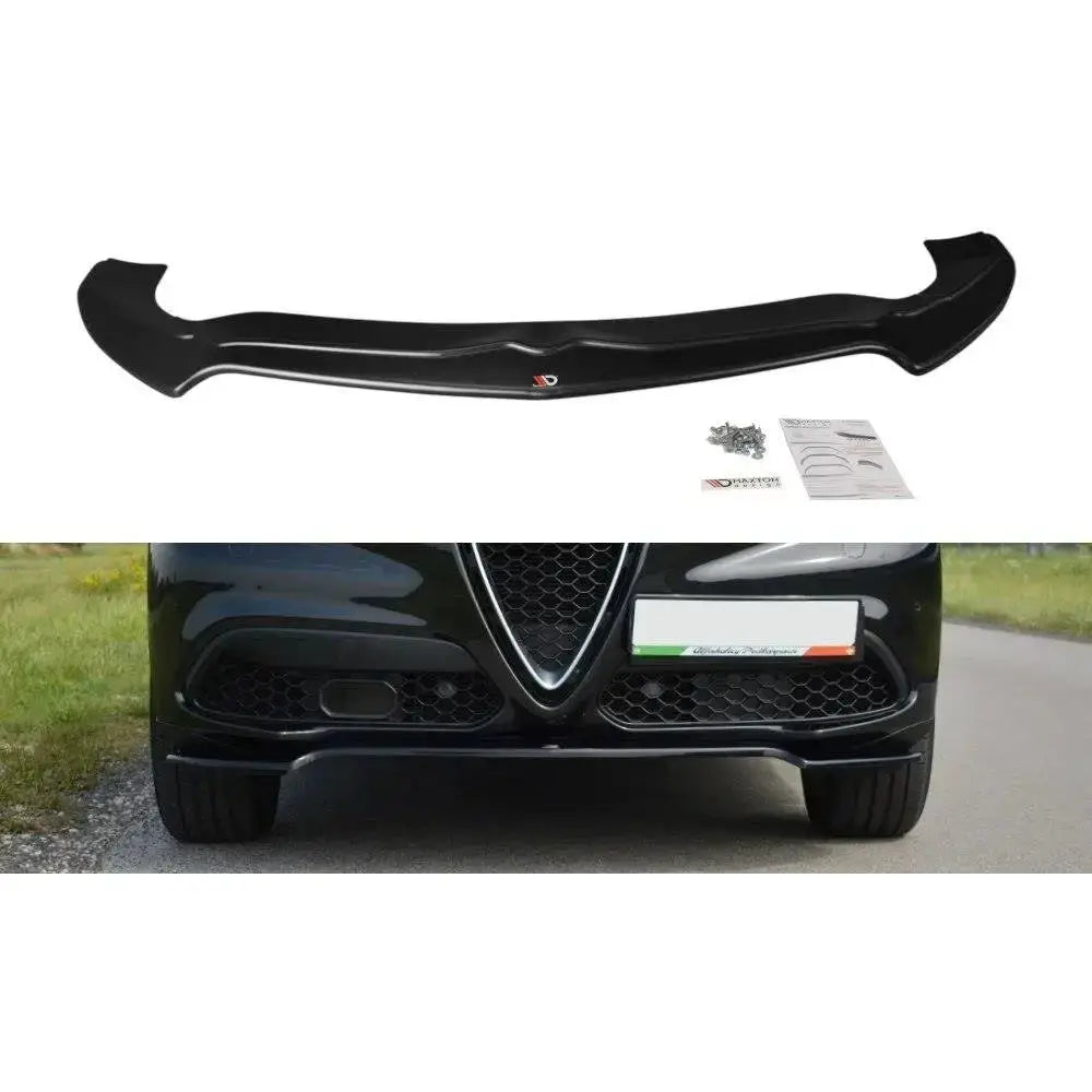 Frontspoiler Alfa Romeo Stelvio V.1 sett ovenfra med monteringsutstyr og montert på bil forfra.
