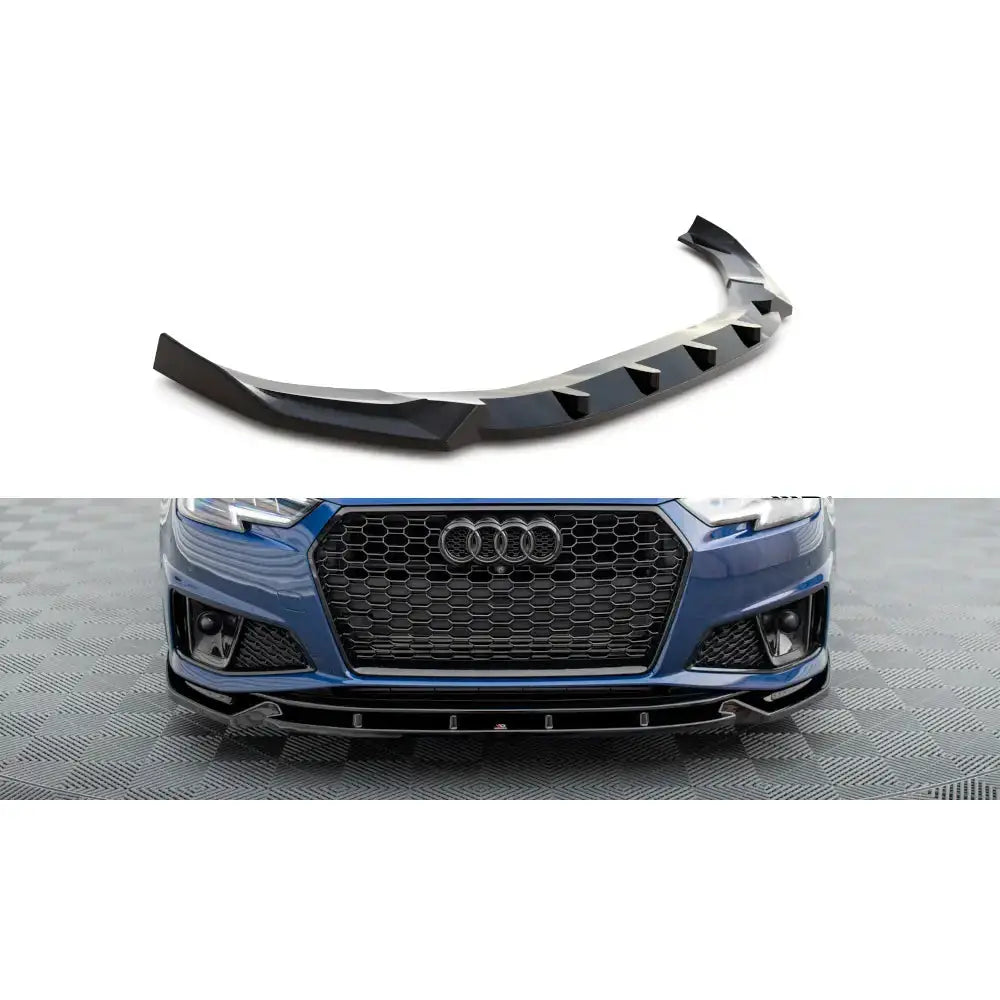 Frontspoiler Audi A4 B9 V.1 Competition i sort plast, vist montert på blå bil med sportslig design.