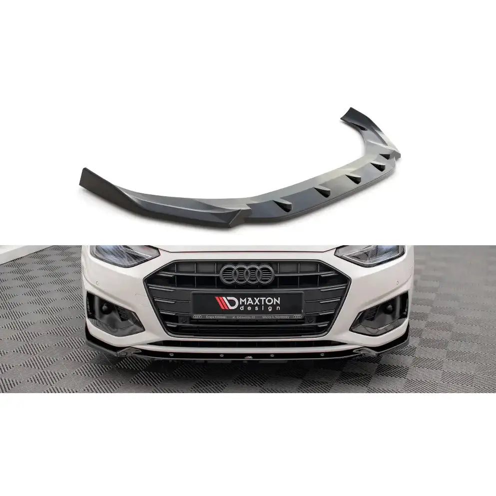 Frontleppe Audi A4 B9 Facelift i sort plast vist alene og montert på hvit bil med aerodynamiske detaljer.