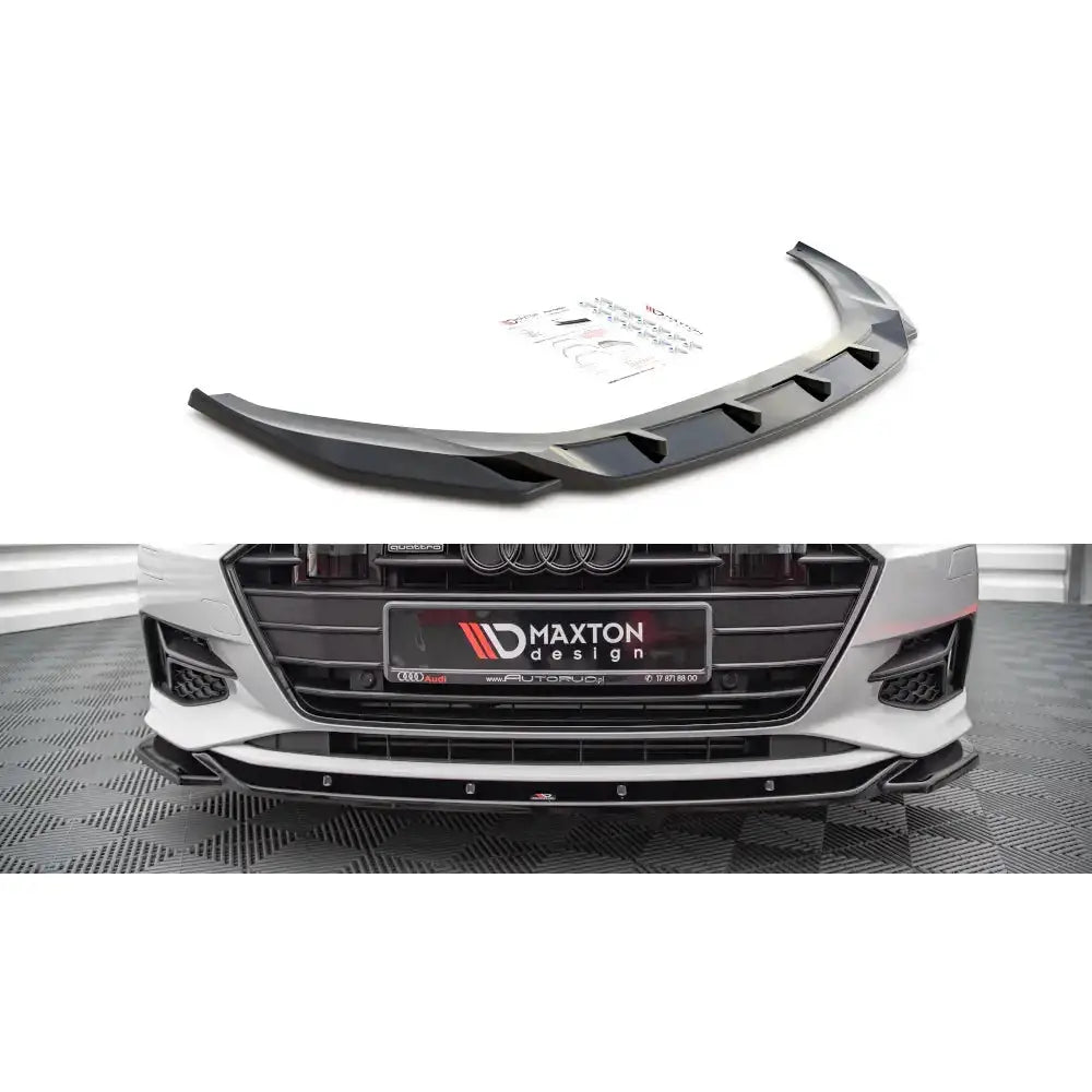 Frontspoiler Audi A7 C8 V.1 18- i sort plast, vist montert på hvit bil med installasjonsdeler.