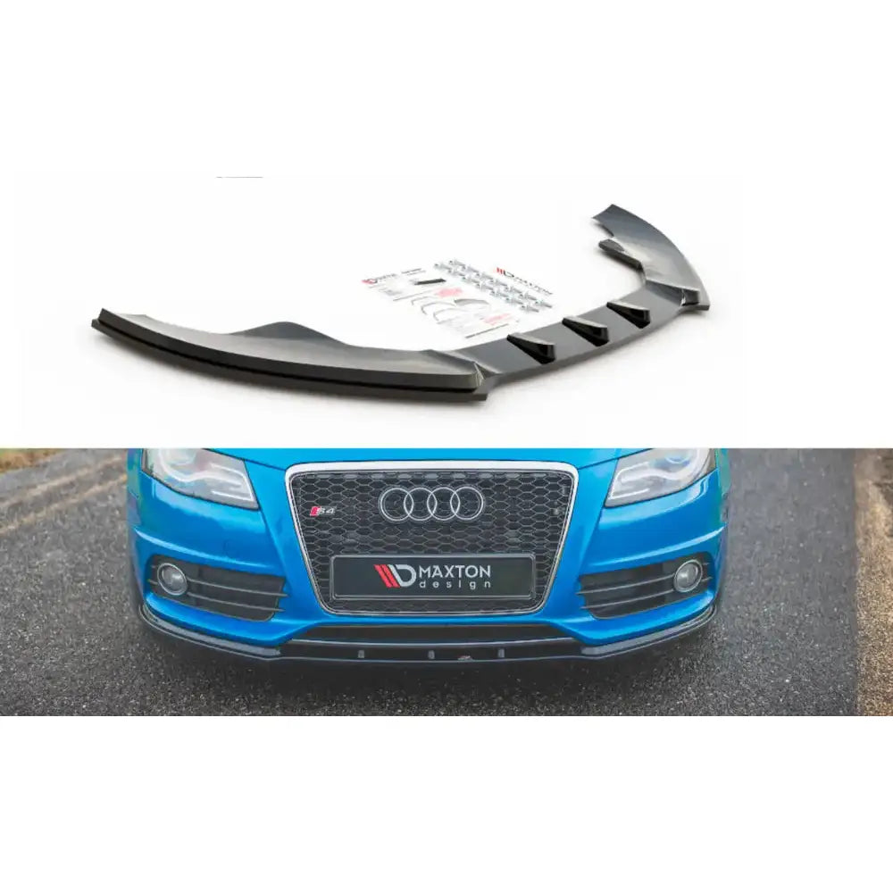 Frontleppe til Audi S4 A4 S-Line B8 i sort plast, vist alene og montert på blå bil med montasjedetaljer.