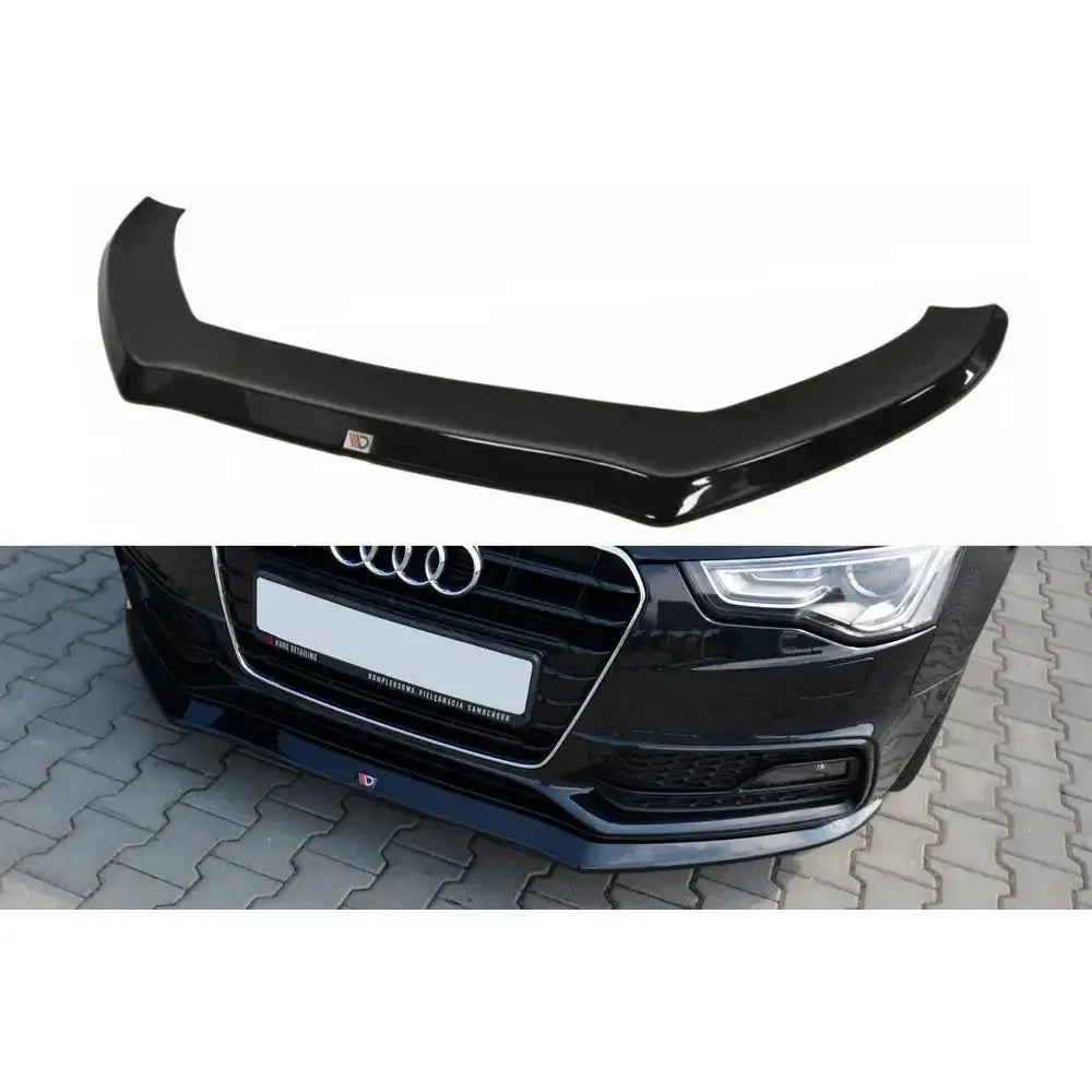 Frontspoiler Audi S5 / A5 S-Line 8T Fl V.1 i sort blank plast montert på svart bil, sett forfra.