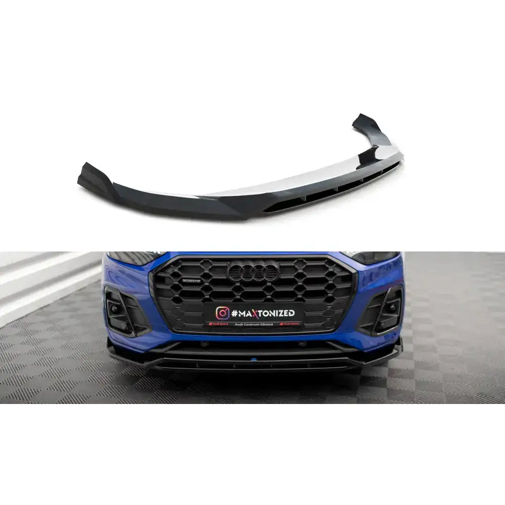 Frontspoiler til Audi SQ5/Q5 S-Line Facelift V.1 i sort plast, montert på blå bil med sporty design.
