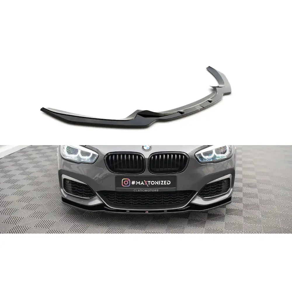 Frontspoiler til BMW 1 F20/F21 M-Power Facelift V.1, sort plast med kantete linjer, montert og separat.
