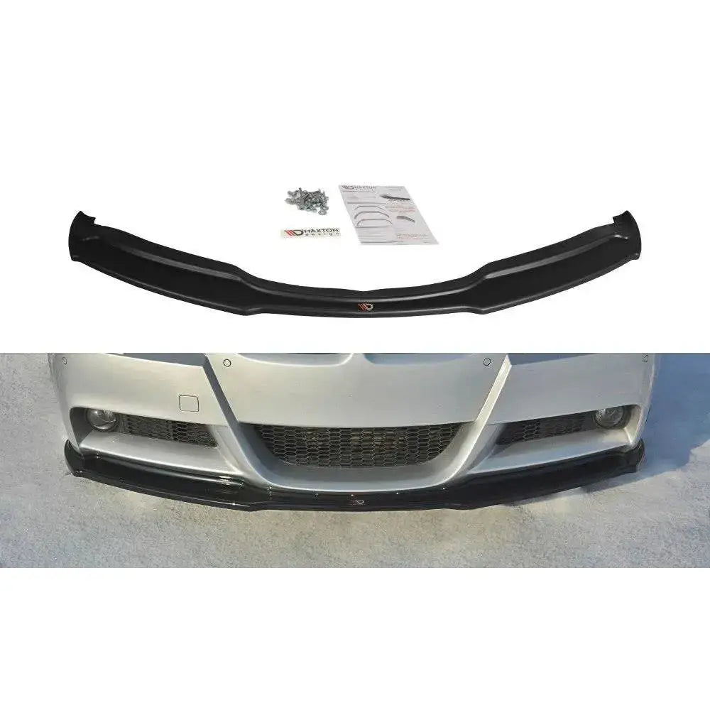 Frontspoiler BMW 3 E90 Mpack V.1 med monteringsutstyr og anvisning, samt montert på bilfront.