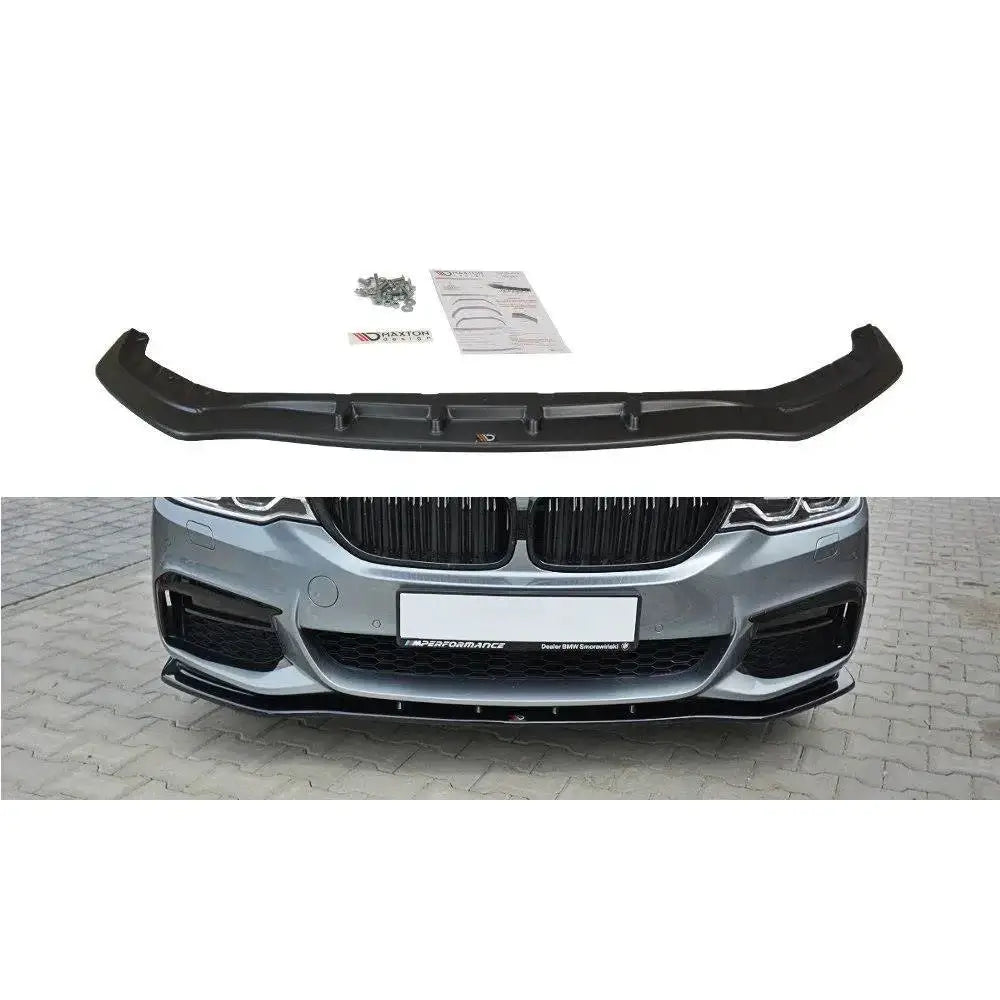Frontspoiler BMW 5 G30/G31 M-Pack V.1 sett ovenfra med monteringssett og montert på bilfront.