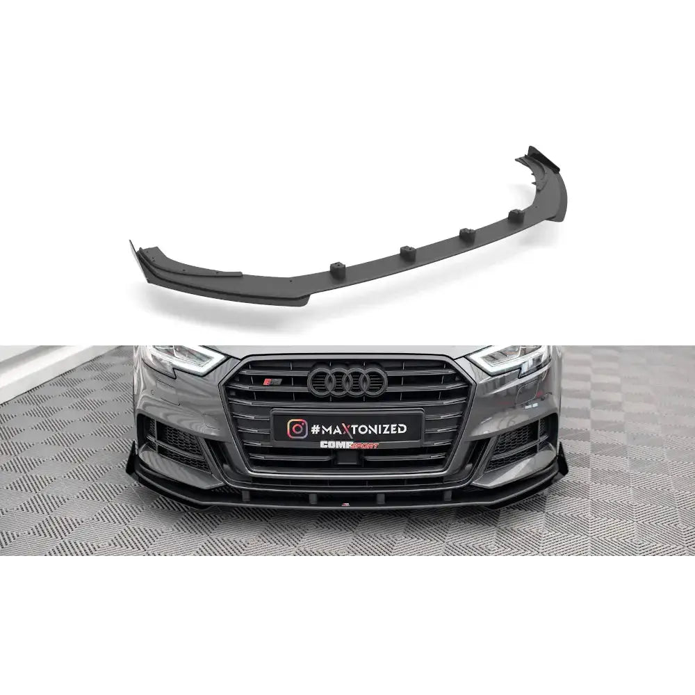 Frontleppe til Audi S3 Sportback 8V Facelift, sort plast med skarpe kanter, montert på grå bil.
