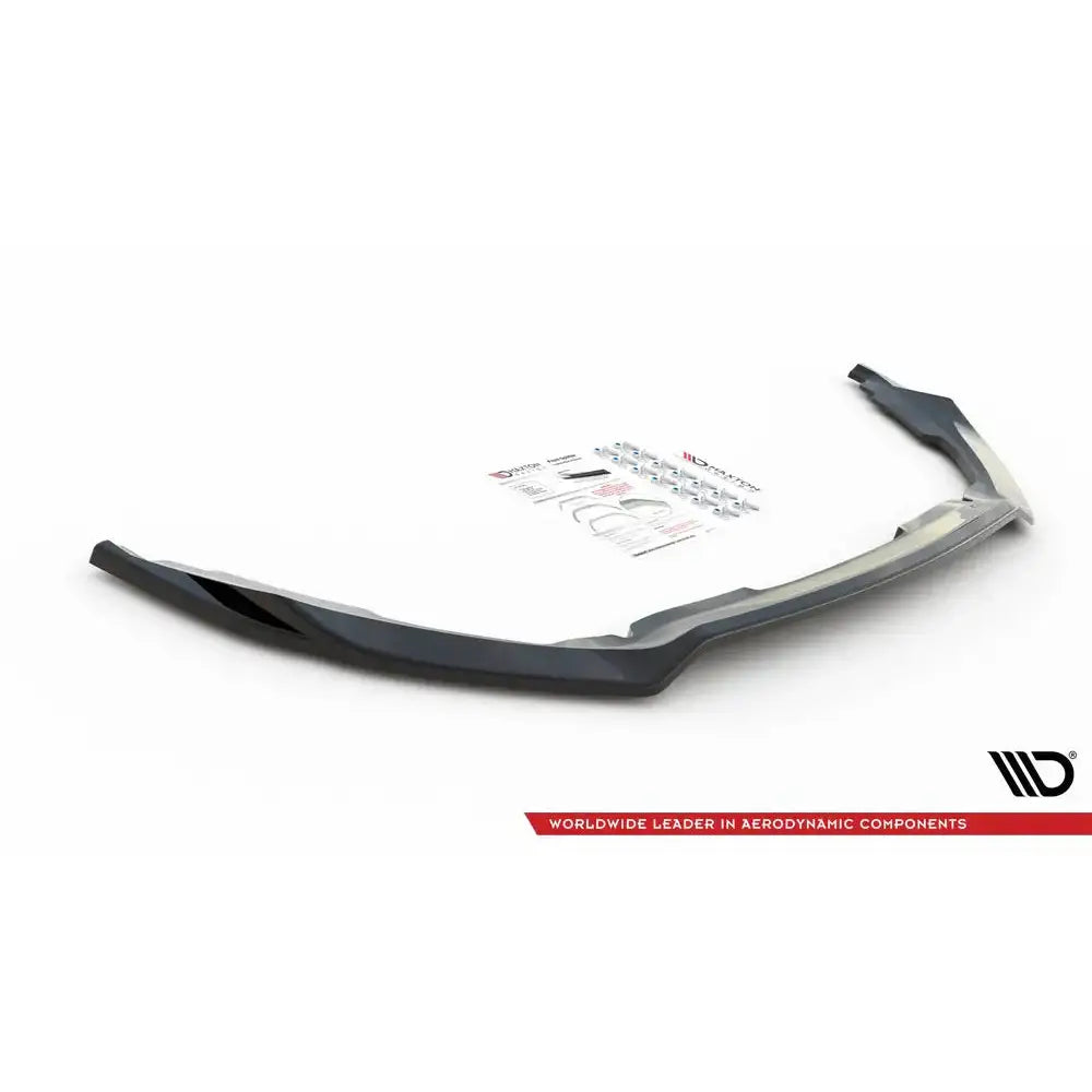 Front splitter for Ford Mondeo ST-Line Mk5 Facelift, svart med monteringsutstyr og instruksjoner.