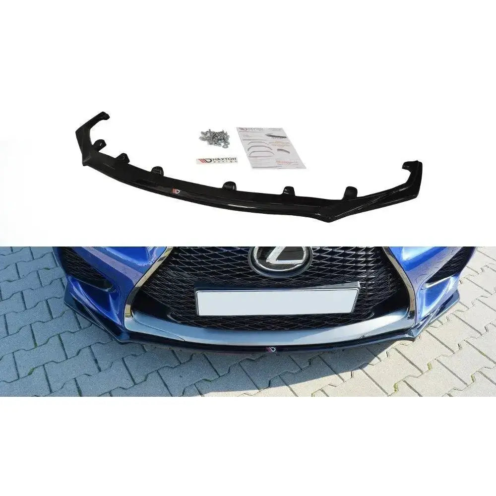 Frontspoiler Lexus Rc F V.1 i sort plast med monteringsutstyr, instruksjon og montert på blå bilfront.