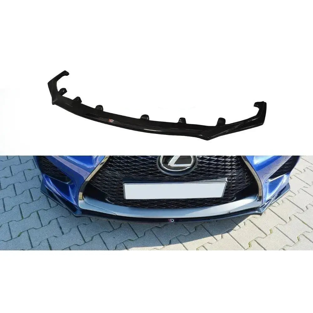 Frontspoiler Lexus Rc F V.1 i sort plast med monteringsutstyr, instruksjon og montert på blå bilfront.
