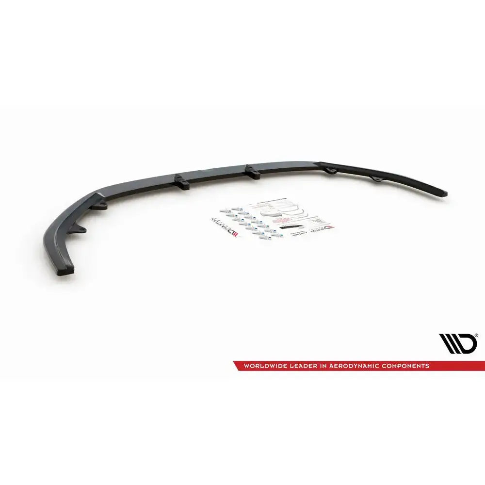 Front lip Mazda CX-3 V.1 15-, sort plastdel sett ovenfra med monteringsutstyr og instruksjoner.