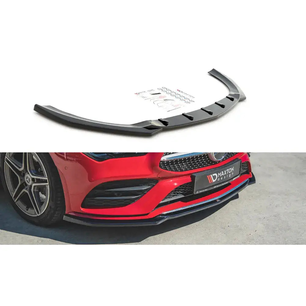 Frontspoiler Mercedes CLA C118 V.1 Amg-Line i sort plast, vist montert på rød bil og som enkeltstående del.
