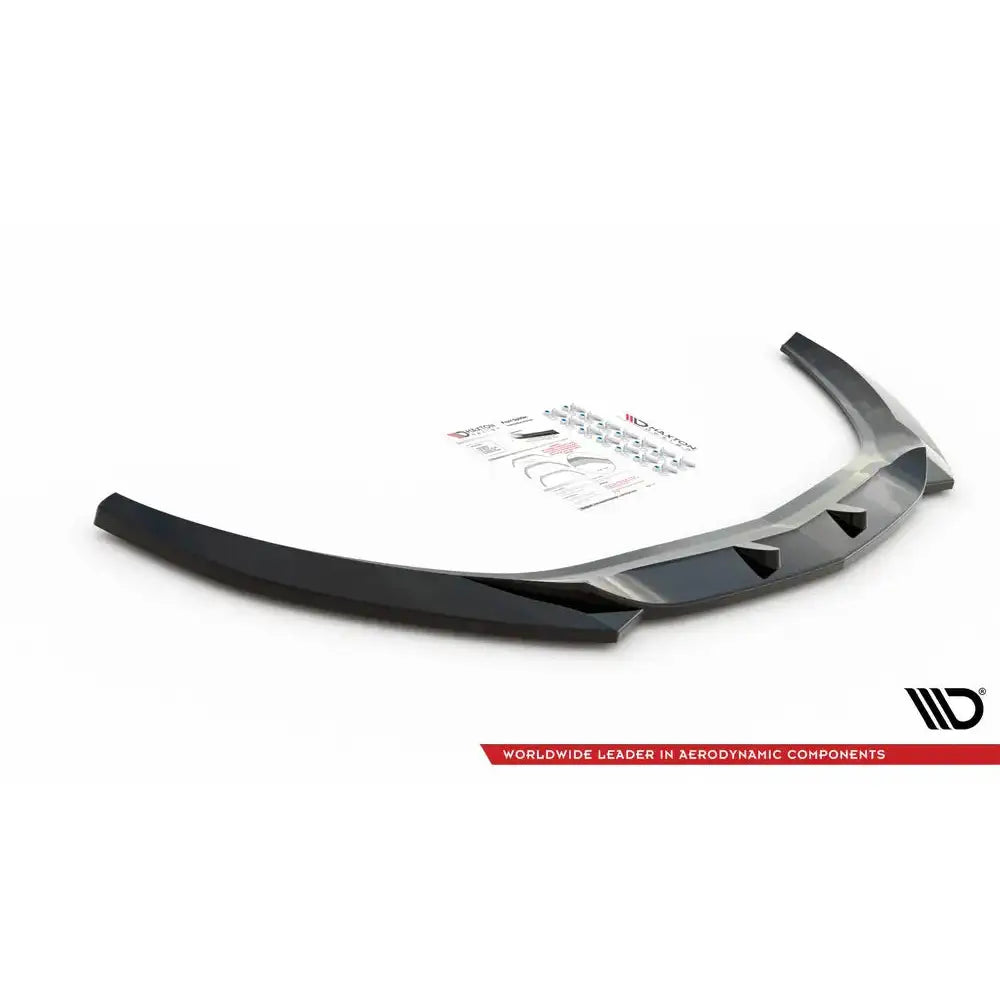 Front lip til Opel Astra GTC OPC-Line J, sort plast, skrå vinkel med monteringsutstyr og instruksjoner.