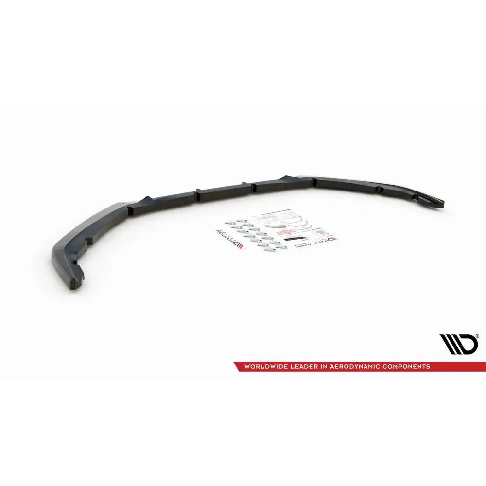 Front lip til Peugeot 208 Mk2 V.1 19-, svart plastspoiler med monteringsdeler og instruksjoner.