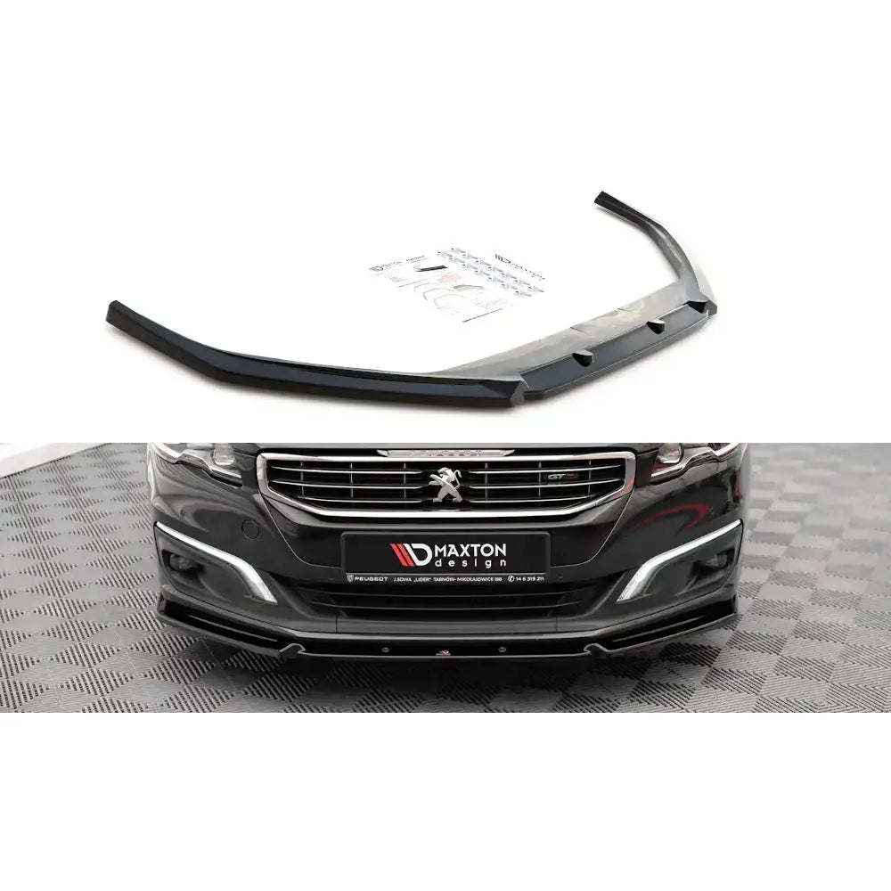 Frontspoiler Peugeot 508 GT Mk1 Facelift sort splitter med monteringsutstyr, vist fra skrå vinkel og på bil.