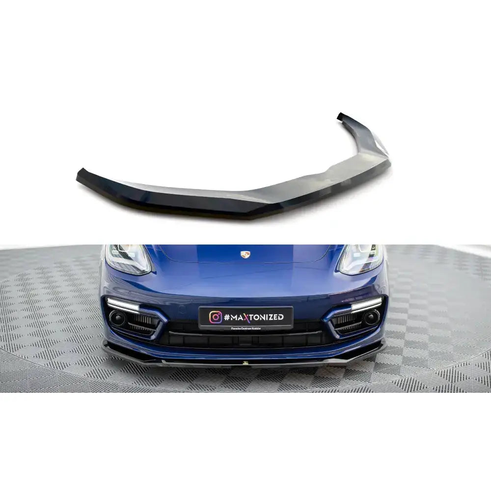 Frontleppe til Porsche Panamera E-Hybrid 971 Facelift, sort splitter montert på blå bil sett forfra.