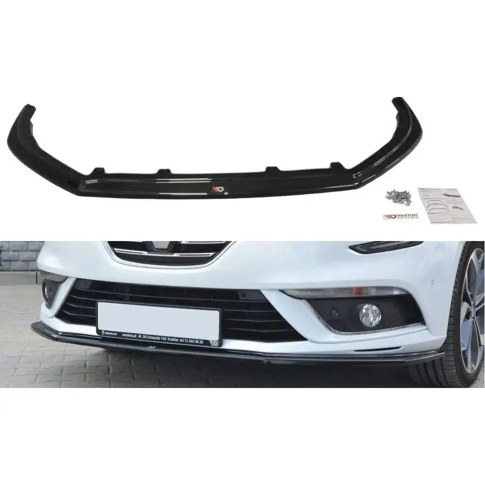 Frontspoiler til Renault Megane Mk4 Hatchback V.1 vist separat og montert på hvit bil med utstyr.