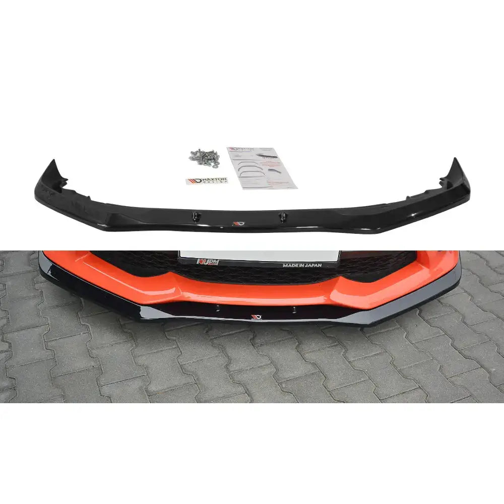 Frontspoiler til Toyota Gt86 Facelift V.1, sort plast med monteringsutstyr, montert på oransje bil.